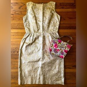 VINTAGE 1950s 1960s gold brocade rockabilly wiggle dress M